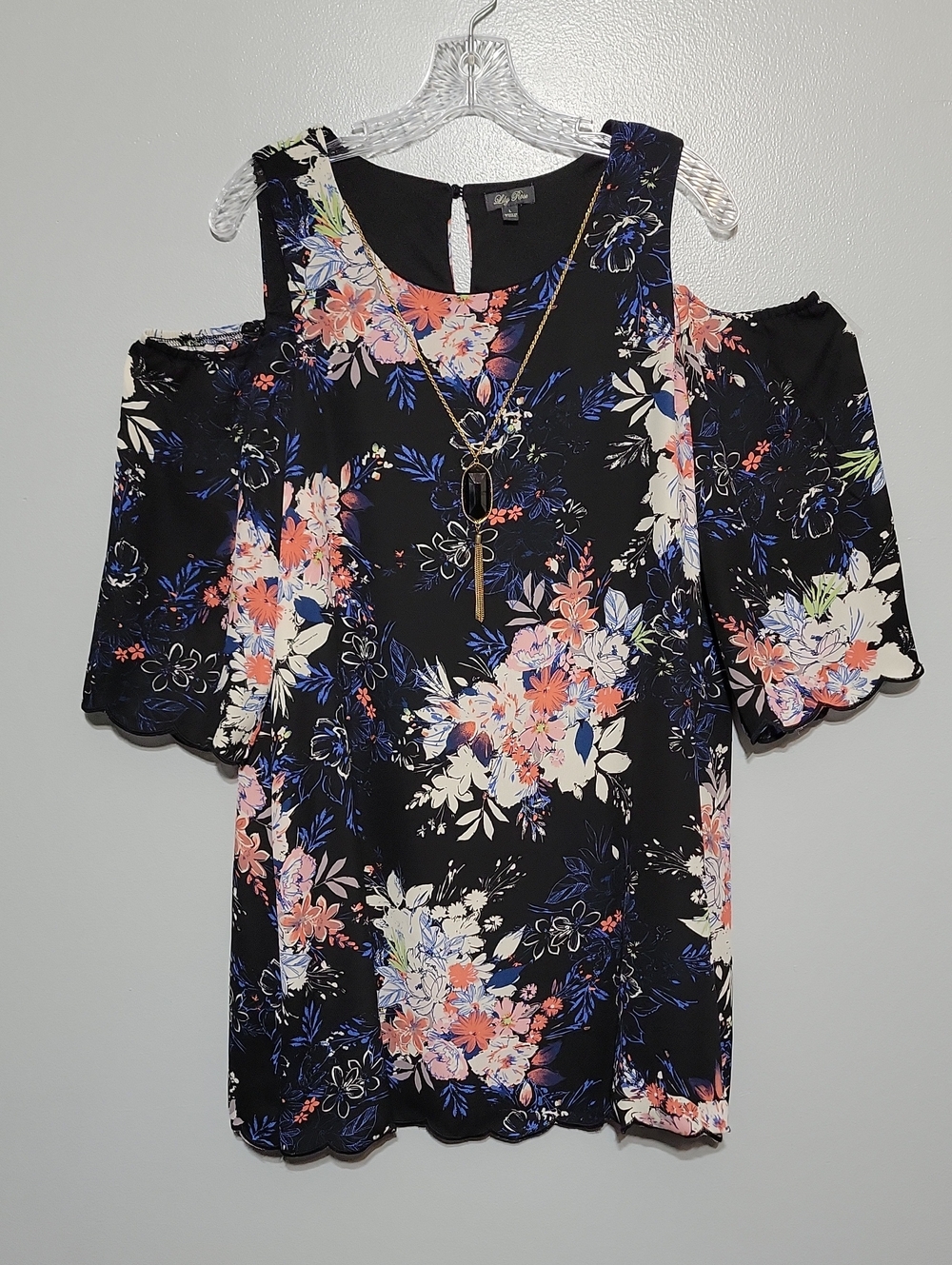 Lily Rose Black Cold-Shoulder Floral Blouse with Pink & Blue Accents